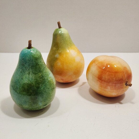 Vintage MCM Alabaster Stone Carved Marble Fruit Pears & Peach Lot of 3